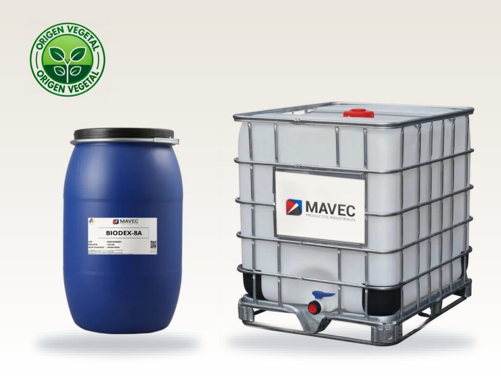 Tambor azul de adhesivo vegetal BIODEX-8A y contenedor IBC con etiqueta de Mavec, junto al sello «Origen Vegetal»