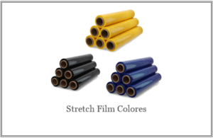 Rollos de stretch film amarillo, negro y azul apilados